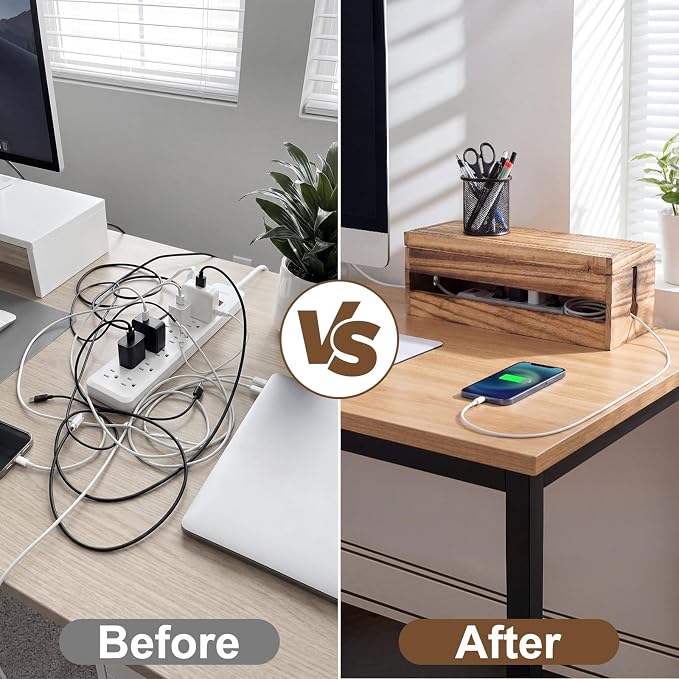 Changsuo Cable Management Box Wooden Cord Organizer Box for Extension Cord Power Stripe Surge Protector Wire Management Concealer Cover Hider for Desktop Home Office Kitchen (Carbonized Brown)