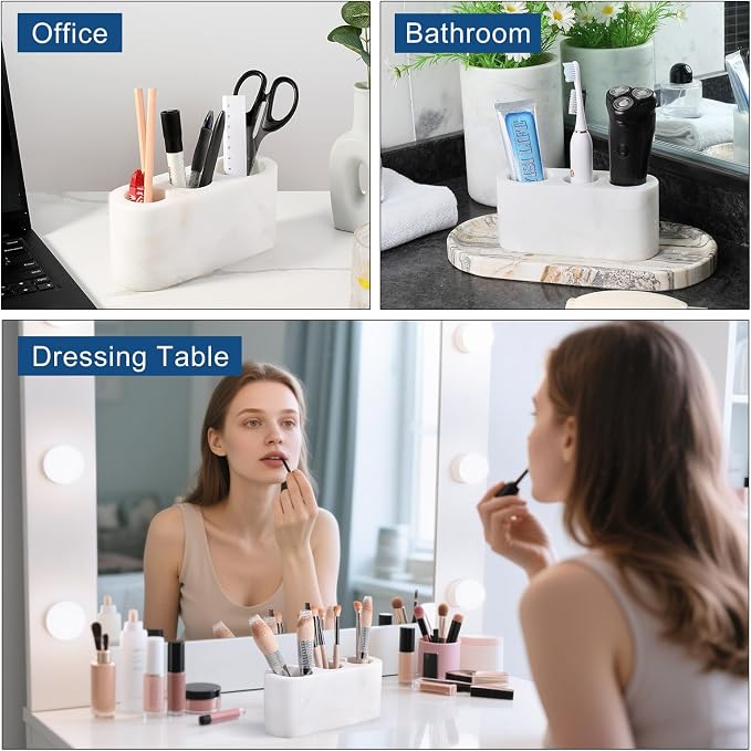 BCS Toothbrush Holder for Bathrooms, 3 Slots Marble Toothbrush Organizer, Makeup Brush Stand Toothbrush Storage Collection for Bathroom Countertop Vanity Organization - White