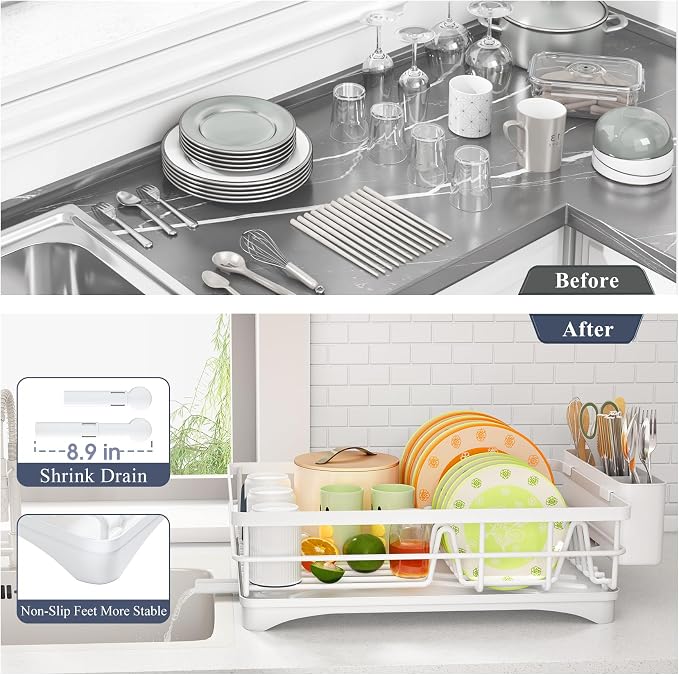 SAYZH Dish Drying Rack for Kitchen Counter with Utensil Holder, White | Stainless Steel, Large Capacity, Angled Drainboard, Rotating Spout, Removable to Clean