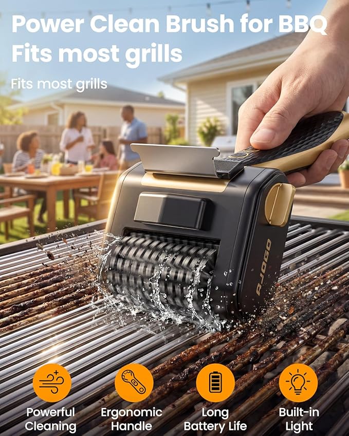 Electric Grill Brush for Outdoor Grill, Cordless BBQ Cleaner with LED Light, Scraper, Dishwasher‑Safe Bristles, 4000 mAh Battery, Rechargeable Power Grill Scrubber (Gold)