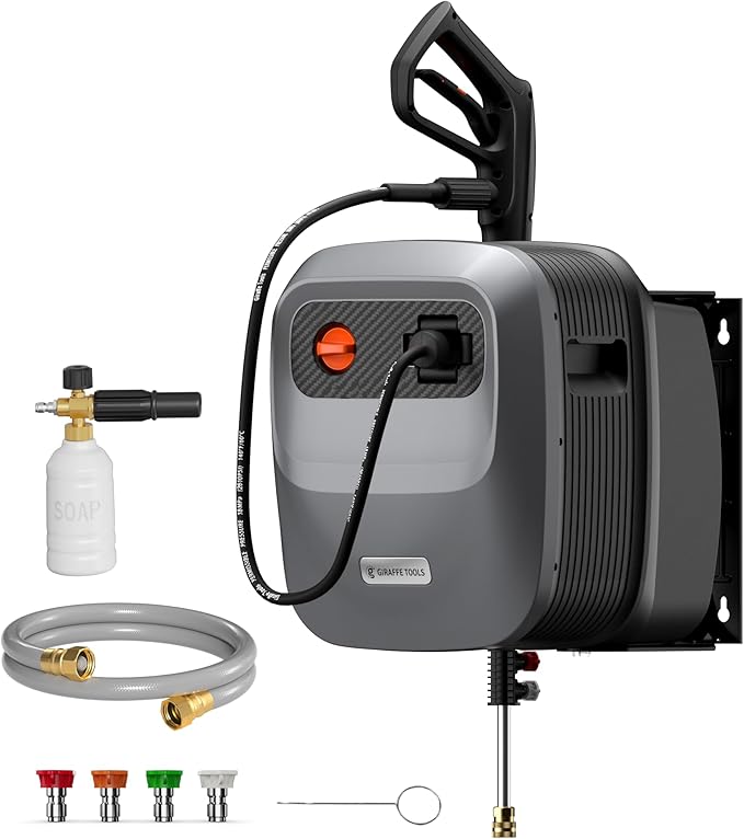 Giraffe Tools 65 FT Retractable Wall Mount Pressure Washer G20B, 2500 PSI | 2.2 GPM, Automatic Rewind with 180° Swivel Bracket, 5 Nozzles, Foam Cannon for Car, Fences and Patio Cleaning, Dark Silver