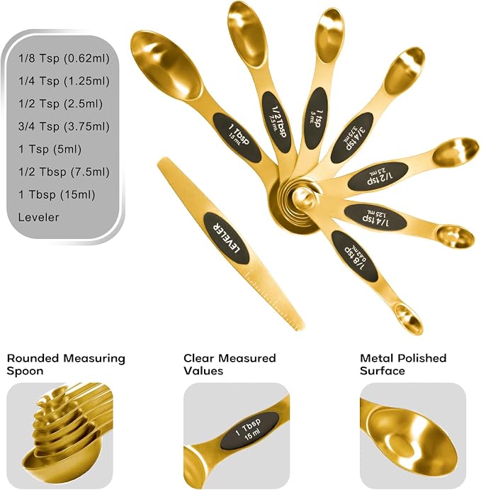 Magnetic Measuring Cups and Spoons Set, Including 7 Stainless Steel Nesting Gold Measuring Cups & 8 Magnetic Gold Measuring Spoons with 1 Leveler for Cooking & Baking