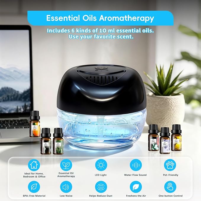 Water Based Air Purifier with Essential Oil Diffuser Pack, Air Washer with 7 Color LED Night Light, Air Revitalizer Includes 6x10ml Essential Oil Aroma Diffuser for Home, Office, Pet
