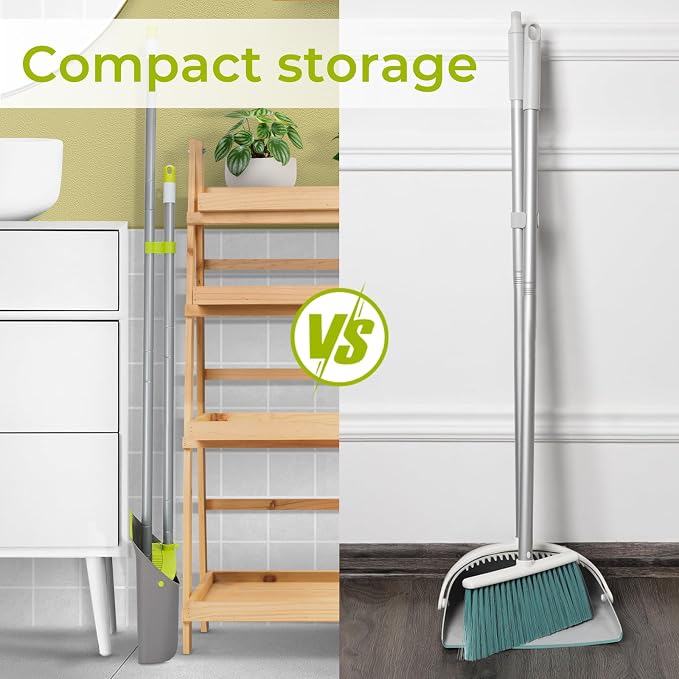 Broom and Dustpan Set with Long Handle 52", Standing Broom and Dust Pan Set for Home Kitchen Room Office Lobby Green