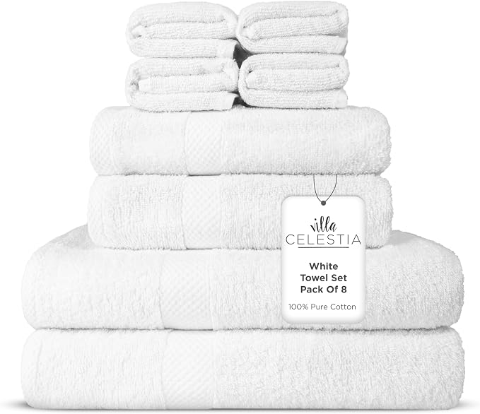 Villa Celestia 8-Piece 100% Cotton Towel Set, 2 Bath Towels, 2 Hand Towels, 4 Wash Cloth, Quick-Dry, White