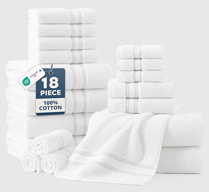 LANE LINEN Bath Towel Set 100% Cotton 18 Piece Soft Absorbent - White | Shower Towels - Generously Sized, Oversized & Roomy, Lightweight & Breathable, Fade-Resistant Color, Classic Terry Weave