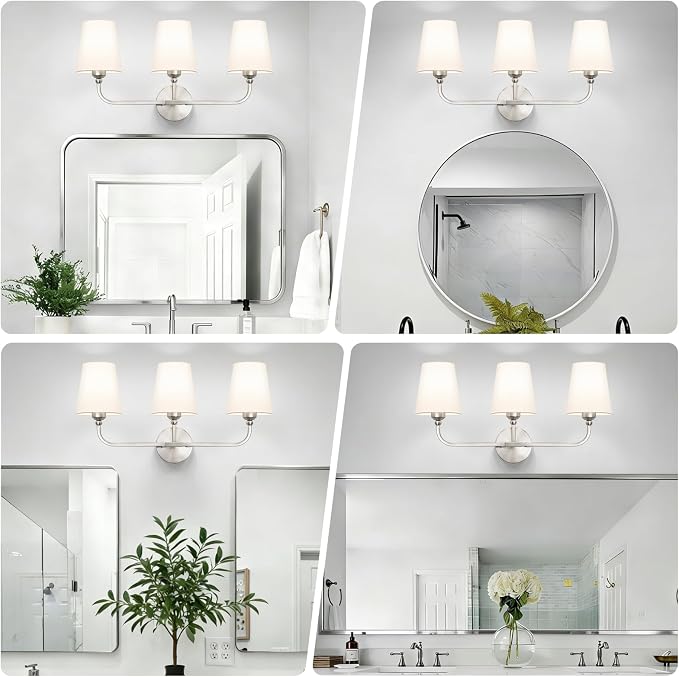 Bathroom Vanity Light, Brushed Nickel Bathroom Light Fixtures, 3-Light Lighting Fixtures Over Mirror, Modern Wall Sconce with Flared White Fabric Shade, E26 Socket(ETL Listed)