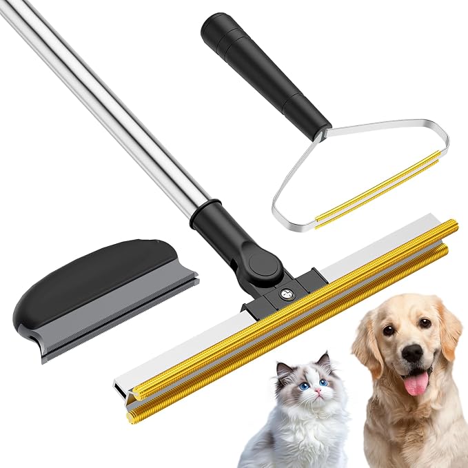 3 in 1 Carpet Rake for Pet Hair Removal, Tool Set of 3, Black | 55" Long Handle, Carpet Scraper, For Dog Cat Hair, For Sofa, Couch, Car, Rug