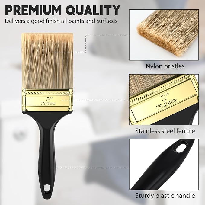 Teenyyou 24 Pcs 3 Inch Paint Brushes Flat Chip Paintbrushes Bulk with Treated Plastic Handles Professional Painting Tools for Paint Stains Deck Door Furniture Home Wall Trim DIY