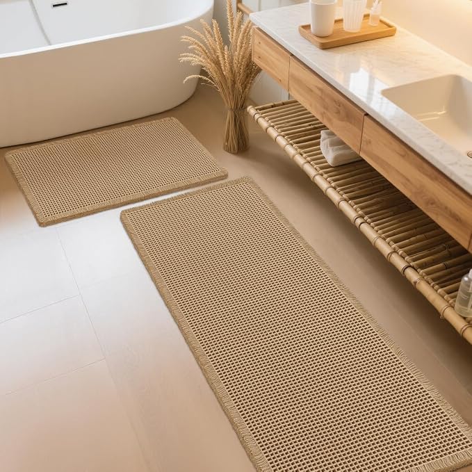 IM HOME Waffle Bath Mat Set 2 Piece Beige,Woven Modern Bath Rug Mats, Absorbent Non Slip Bath Floor Mat, Soft Washable Boho Bath Rugs with Tassels for Bathroom, Bedroom, Kitchen,Tub