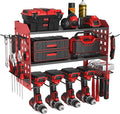 SUNALLY Power Tool Organizer, Heavy Duty Wall Mount Tool Organizer 3 Layers with 4 Drill Holders, Garage Tools Storage Rack with 2 Side Pegboards and Hooks for Workshop, Shed, Red