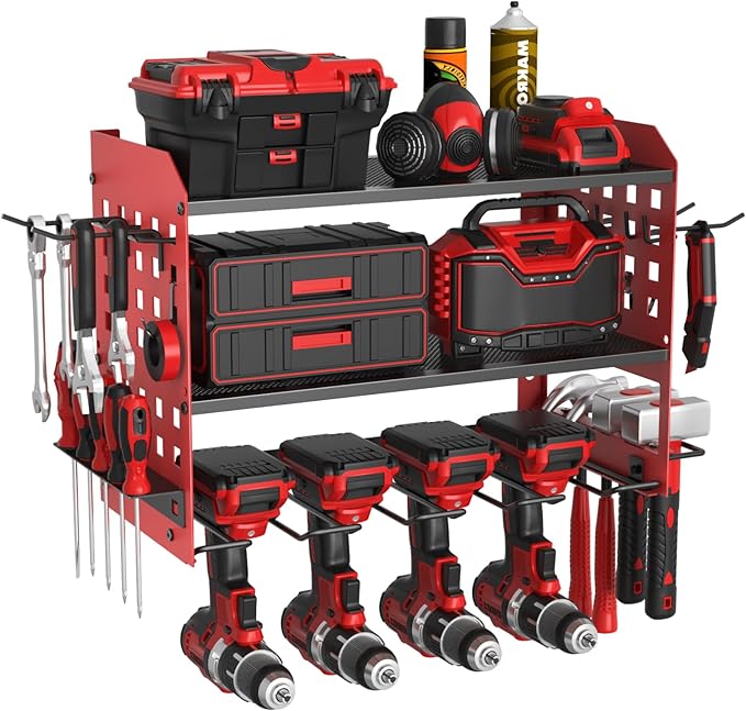 SUNALLY Power Tool Organizer, Heavy Duty Wall Mount Tool Organizer 3 Layers with 4 Drill Holders, Garage Tools Storage Rack with 2 Side Pegboards and Hooks for Workshop, Shed, Red