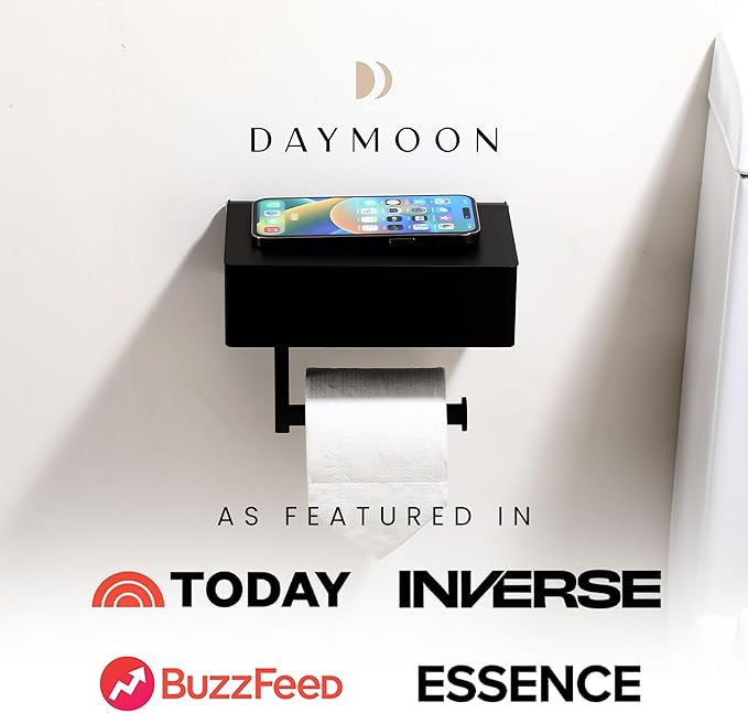 Day Moon™ - Toilet Paper Holder with Shelf - Modern Roll Holder for Bathroom - 1 Pack - Wall Mount - with Storage, Black