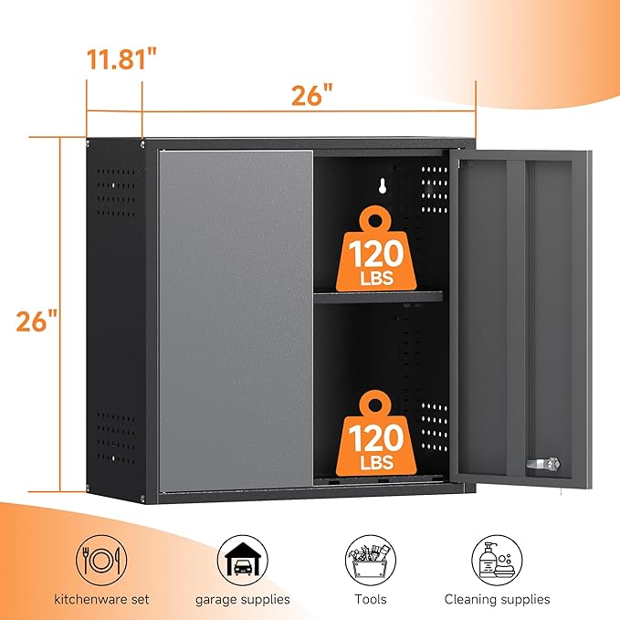 Coolsun Garage Wall Cabinet, 26" H Metal Wall Cabinet with Lockable Doors and Adjustable Shelf, Wall Mounted Metal Storage Cabinets for Garage Assembly Required (26" H Black Gray)