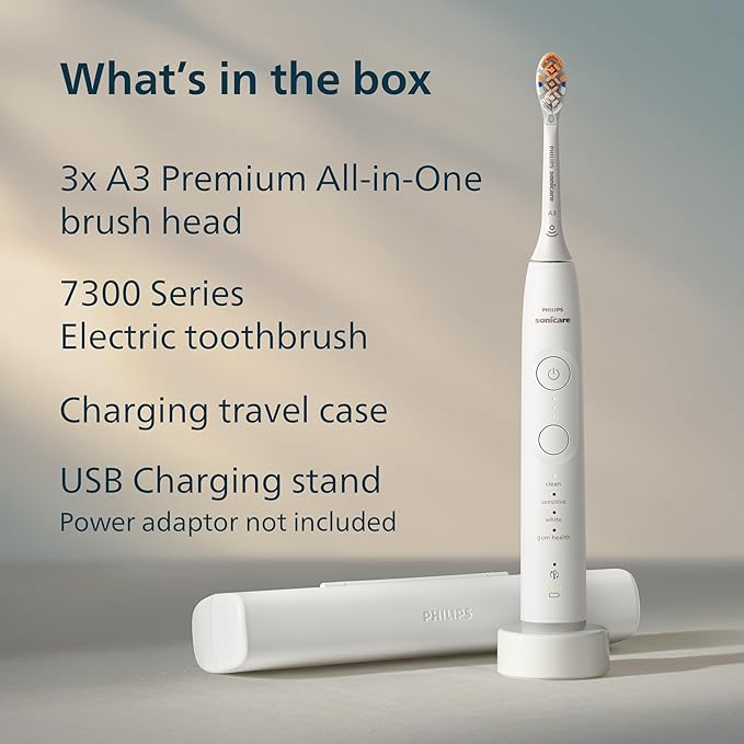 Philips Sonicare 7300 Series Electric Toothbrush - Next-Generation Sonicare Technology, Pressure Sensor, 12 Brushing Settings, SmarTimer, BrushPacer, 21-Day Runtime, Travel Case, White, HX7420/07