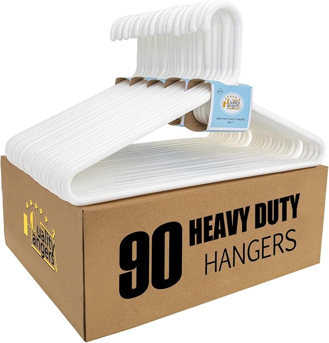 Quality White Plastic Hangers 90 Pack - Super Heavy Duty Multipack for Clothes - Thick Strong Standard Closet Clothing Hangers with Hook for Scarves and Belts-17 for Coats (White, 90)