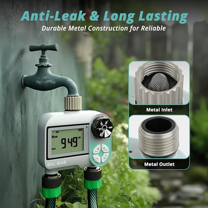 QUOBAS Sprinkler Timer, Weekly Programmable Water Hose Timer for Garden Hose Faucet with Waterproof LCD Screen, Rain Delay/Manual/Automatic Irrigation Watering System for Garden, Lawn, Yard