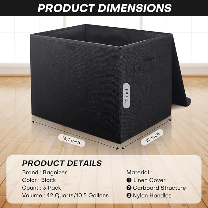Bagnizer Large 17" 42 Quarts Collapsible Stackable Storage Bins with Lids [3-Pack] Foldable Fabric Linen Storage Boxes Cube, Closet Organizer Baskets with Label (16.7 x 12 x 12, Black)