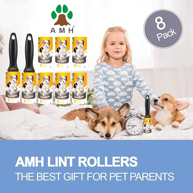 AMH Lint Roller Pet Hair Remover 8 Pack - Extra Sticky Lint Rollers Refill for Clothes, Car Seats, Food Particles and etc