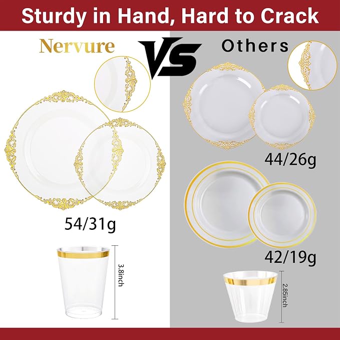 Nervure 350PCS Clear Gold Plastic Plates - Gold Plastic Dinnerware Sets for 50 Guests - 100 Disposable Plates, 150 Silverware, 50 Cups, 50 Napkins for Wedding & Party