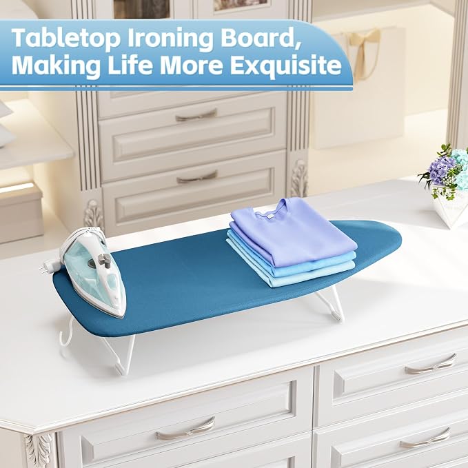 Small Ironing Board top with Heat Resistant Cover, Compact Mini Ironing Board with Metal mesh Frame,for Dorm,Apartment and Travel, Hook for Hanging, Iron Board, Iron Table Stand 12”×30” Pure Blue