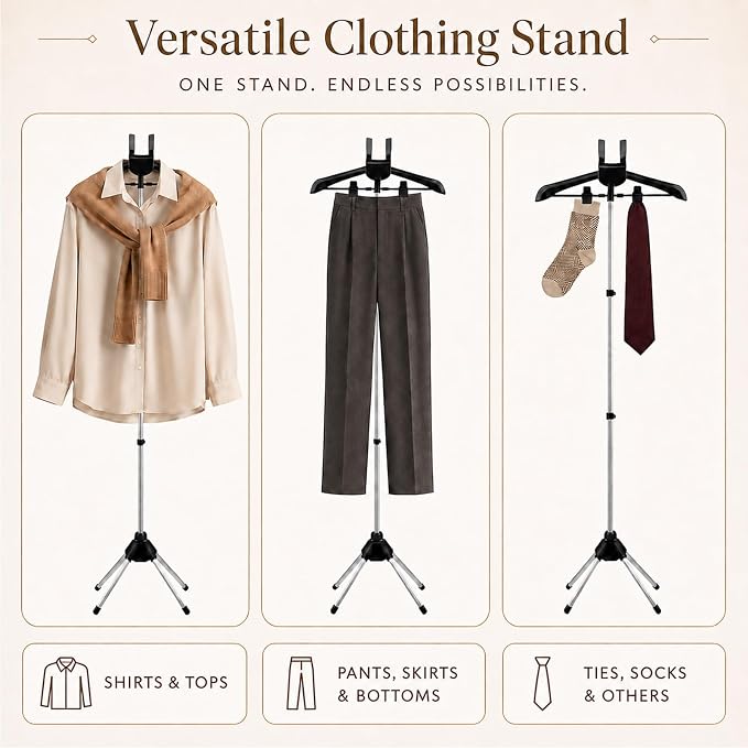 Garment Steamer Stand Set for Handheld Steamers, 33-63 Inch | Metal stand with 360 rotating hanger for shirts, suits and graduation gowns; includes 2 pads, 2 lint removers and 2 bags