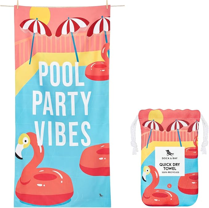 Dock & Bay Beach Towel - Quick Dry, Sand Free - Compact, Lightweight - 100% Recycled - Includes Bag - Pool Party Vibes - Extra Large (200x90cm, 78x35)