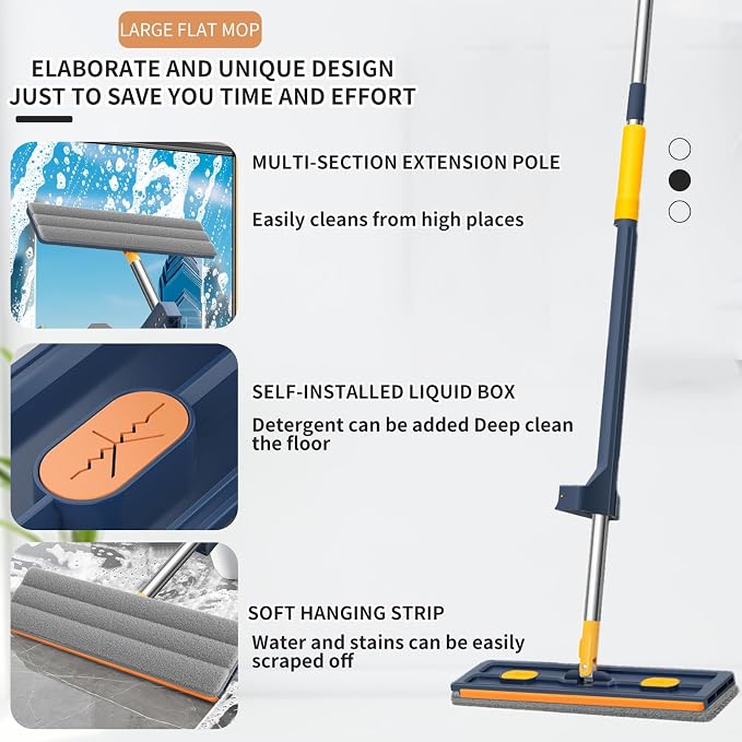 2025 New Large Flat Mop with 6 Reusable Mop Head Dry and Wet, Flat Mop and Bucket Set, Adjustable Handle Self Wringing Flat Mops, 360 Rotation Flat Mop (White with 6pcs Mop Head)