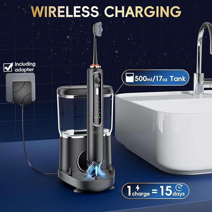 Electric Toothbrush with Water Flosser Combo, 3-in-1 Sonic Flossing Toothbrush and Dental Water Flosser for Teeth Cleaning, Gum Care, Braces, Bridges, Adults, 5 Brush Modes, 500ML, Black