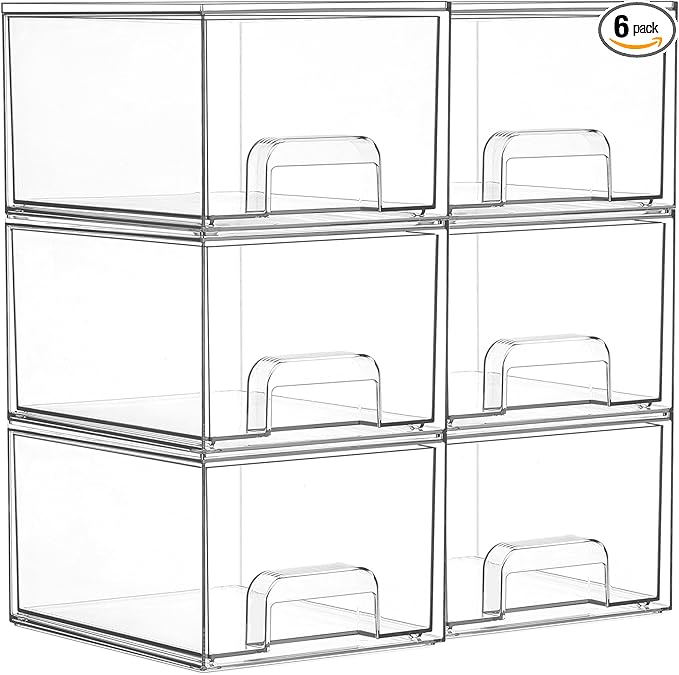Vtopmart 6 Pack Small Clear Stackable Storage Drawers,Acrylic Bathroom Makeup Organizer,Plastic Storage Bins For Vanity, Undersink, Kitchen Cabinets, Pantry, Home Organization