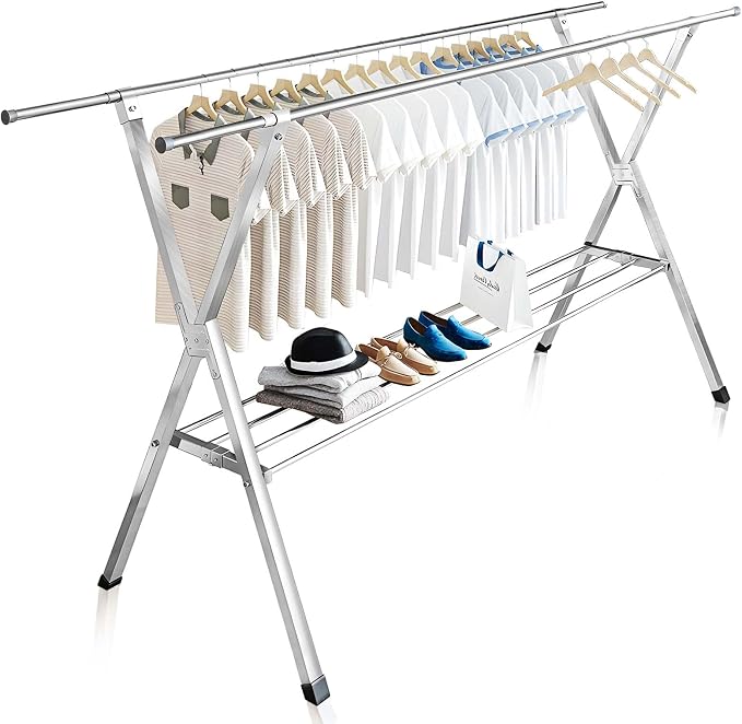 Clothes Drying Rack 2 Tiers, Heavy Duty Drying Rack Clothing Folding Indoor Outdoor, Stainless Steel Laundry Drying Rack, Foldable Garment Rack with 20 Windproof Hooks (84 Inches)