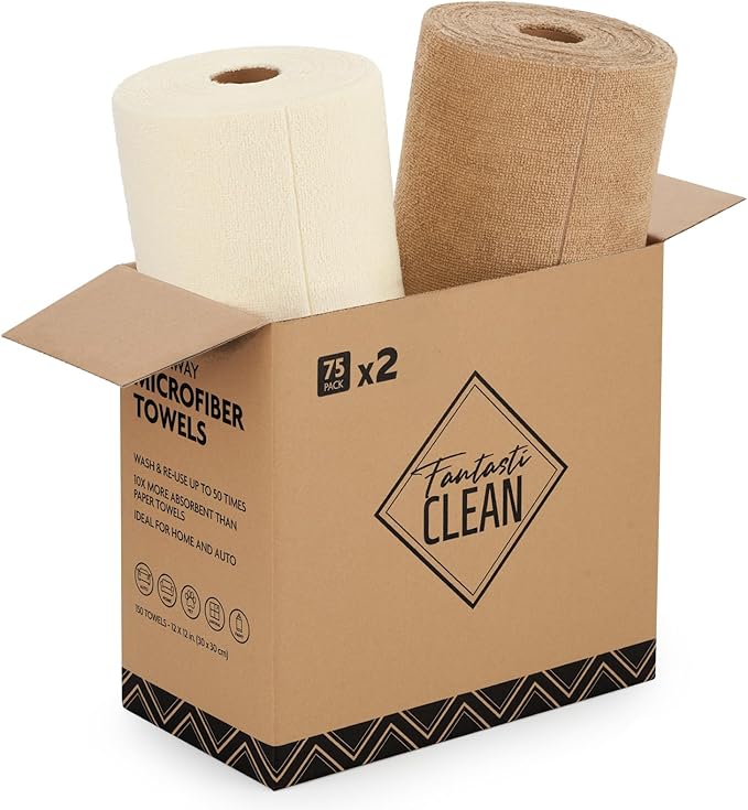 Fantasticlean Microfiber Cleaning Cloth Roll -150 Pack, Tear Away Microfiber Towels, 12" x 12", Reusable, Washable, Ultra Absorbent Dishcloth for All-Around Cleaning Supplies (Tan & Beige)