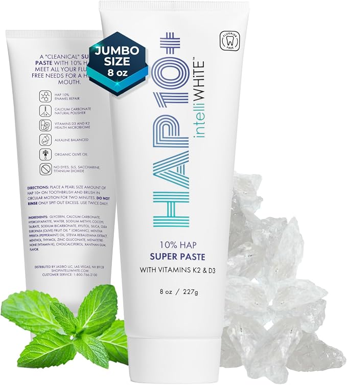 intelliWHiTE HAP10+ Super Paste Vitamin D3 & K2 – 10% Hydroxyapatite Toothpaste for Remineralization & Sensitive Teeth Tested 90% Stain Removal – Fluoride-Free – 8 fl oz Super Size – Made in USA
