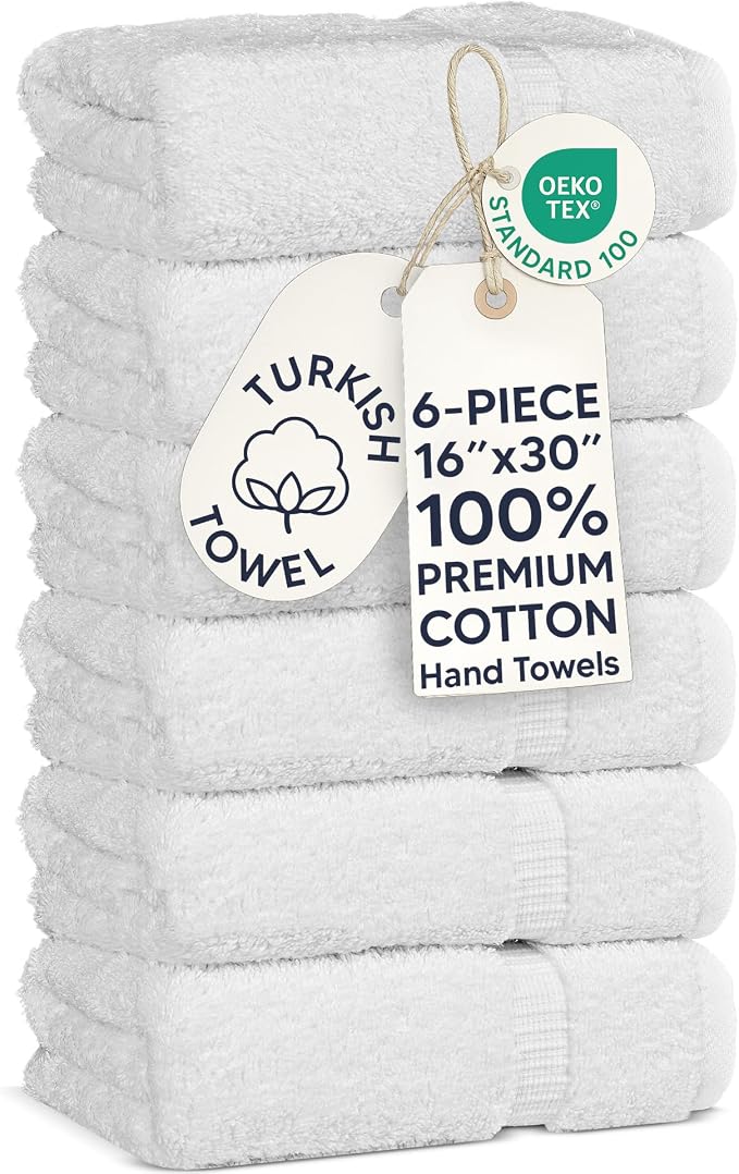Chakir Turkish Linens 6 Piece Hand Towels, 100% Cotton Luxury Turkish Towels for Bathroom, Soft Absorbent Hand Towel Set, 16 x 30 Inches, White