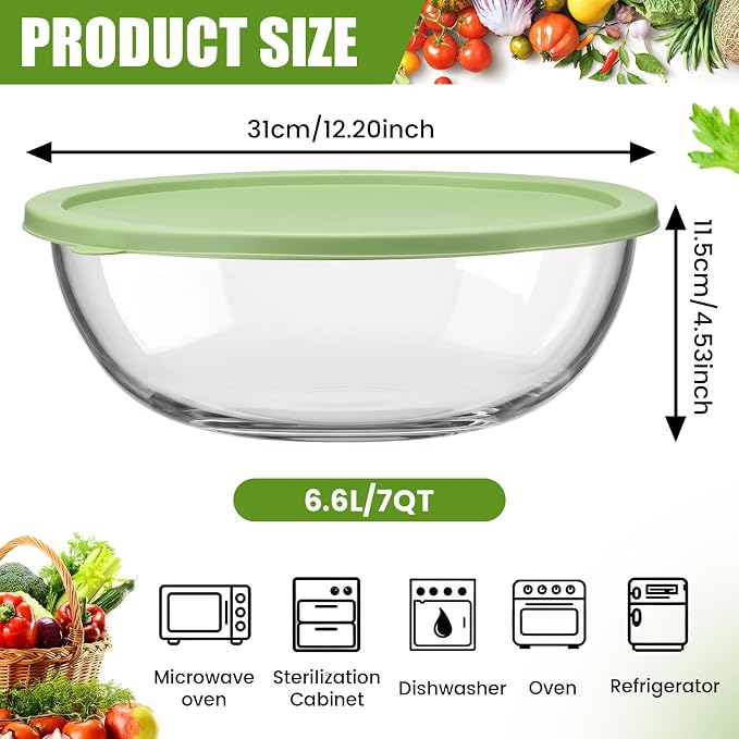 7 Qt Large Glass Mixing Bowl with Lid Thickened Borosilicate Glass Bowl for Baking Sourdough, Meal Prep, Salad, Mixing, Microwave Storage Prepping Freezer Safe