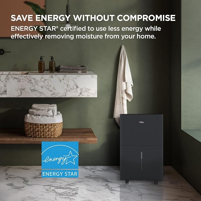 TCL 50-Pint Capacity Quiet, Energy Efficient Portable Smart Dehumidifier with Pump, Bucket or Continuous Drain, Smart Home Compatible, Humidity Control for Home, Apartment, Rooms up to 4500 Sq Ft