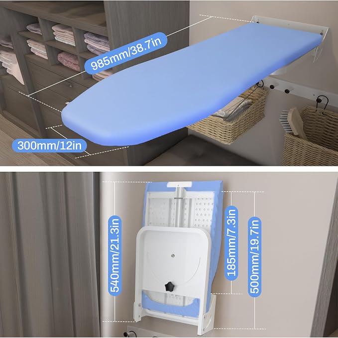 180° Swivel Wall Mounted Ironing Board 38.7 x 12 Inch Heavy Duty | Ironing Board with Heat Resistant Cover, Space Saving Wall Mount Folding Ironing Boards for Small Spaces Home Laundry Room