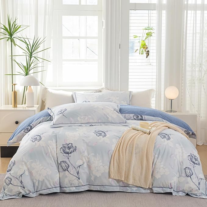 OAITE Duvet Cover Set Queen Size Floral Pattern 500 Thread Count Ultra Soft 100% Cotton Duvet Cover Sets 3-PC, Breathable Duvet Cover with Zipper Closure & Corner Ties