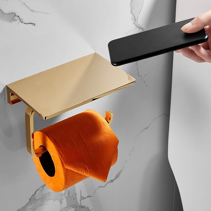Toilet Roll Paper Holder Bathroom Solid Brass and Superior Hotel Style Wall Mount Tissue Roll Holder with Phone Shelf Bright Gold Finished