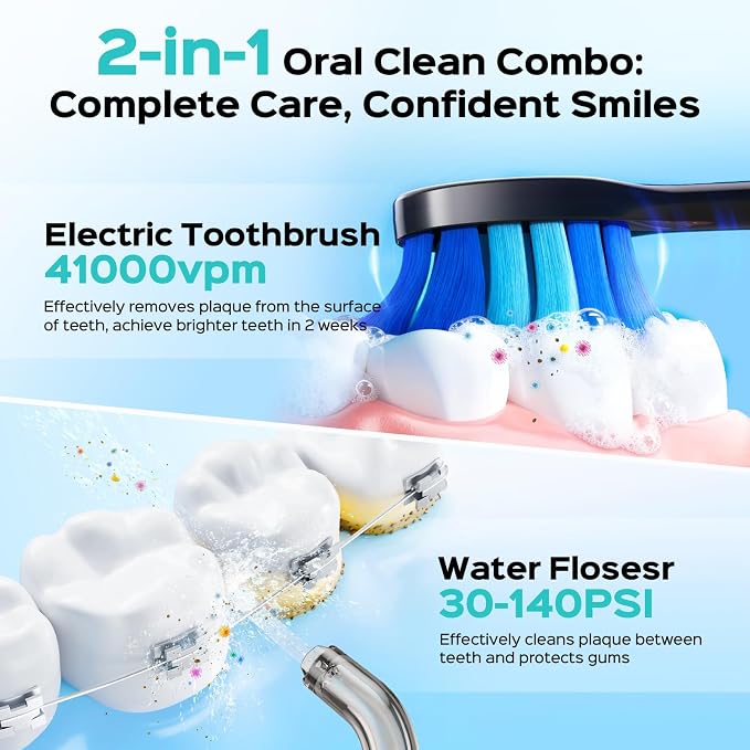 COSLUS C51C30 Water Flosser Electric Toothbrush Combo, 2-1 Oral Clean Kit | Portable Brushing & Flossing for Teeth & Braces Cleaning, Multiple Modes for Family Use, Cordless for Home & Travel, Black