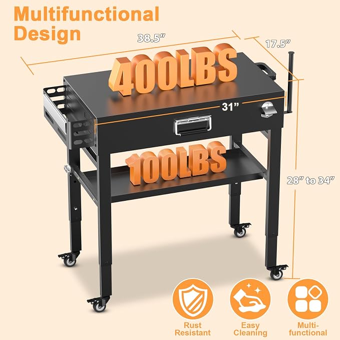 Quick-Fold Grill Cart for Ninja Woodfire & Blackstone | 28/34 in height,4 locking wheels,fits to griddles,pizza ovens and tabletop grills