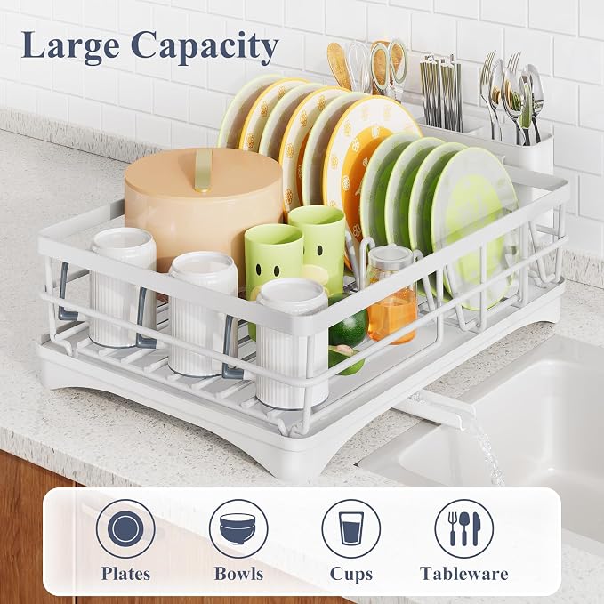 SAYZH Dish Drying Rack for Kitchen Counter with Utensil Holder, White | Stainless Steel, Large Capacity, Angled Drainboard, Rotating Spout, Removable to Clean