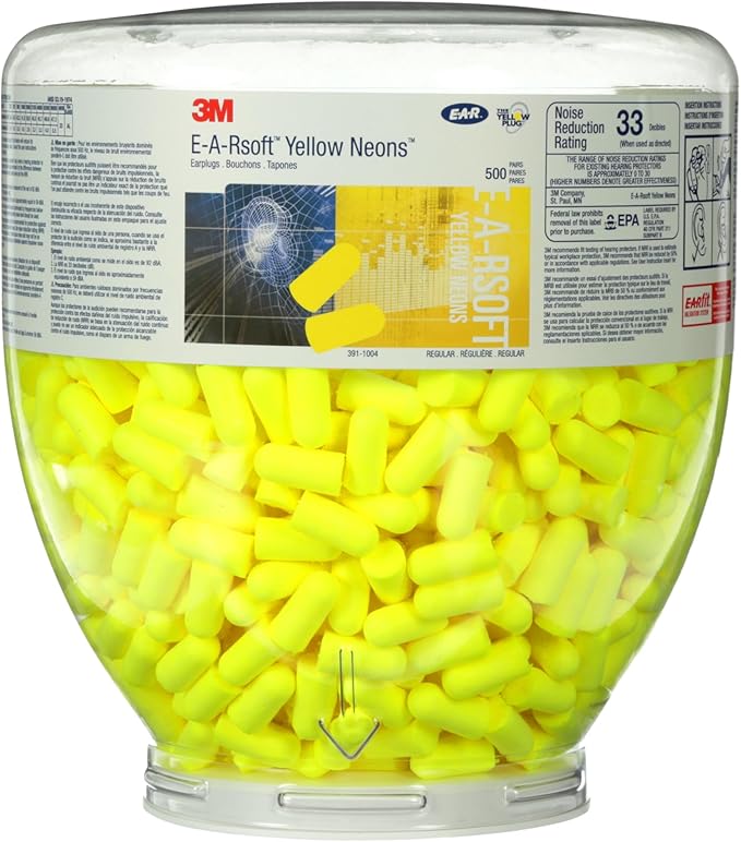 3M Ear Plugs, E-A-Rsoft Yellow Neons 391-1005, Bottle of 400 Pair of Disposable Earplugs, Slightly Longer, Uncorded, 33 NRR, Tapered Cylinder Shape, Slow Recovery Foam