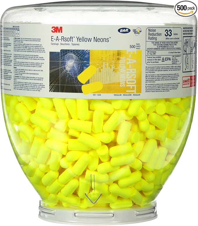 3M Ear Plugs, E-A-Rsoft Yellow Neons 391-1004, Bottle of 500 Pair of Disposable Earplugs, Regular Size, Uncorded, 33 NRR, Tapered Cylinder Shape, Slow Recovery Foam
