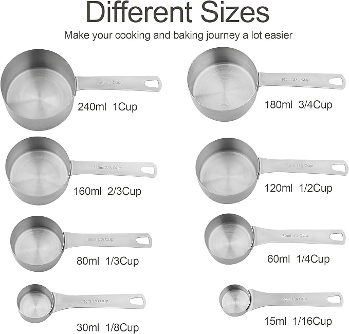 Measuring Cups and Spoons Set, 18/8 Stainless Steel Measuring Cups and Spoons Set for Kitchen & Baking, Heavy Duty Metric & US 8 Measure Cups & 9 Spoons & 1 Leveler