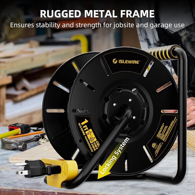 Extension Cord Storage Reel with 4-Grounded Outlets & 2 USB Ports, Heavy Duty Open Cord Reel for 12/3,14/3,16/3 Gauge Power Cord, Hand Wind Retractable, 15A Circuit Breaker, ETL Listed, Yellow
