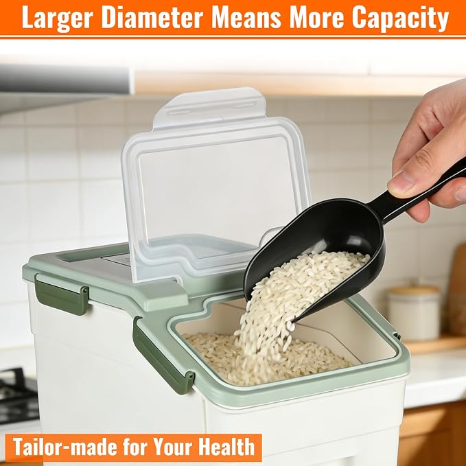 4 Pack Rice Container 25 lbs Large Bulk Flour Sugar Storage Holdhouse Plastic Grain Cereal Dry Goods Bin with Spoon and Measuring Cup for Kitchen Pantry Organization - Green