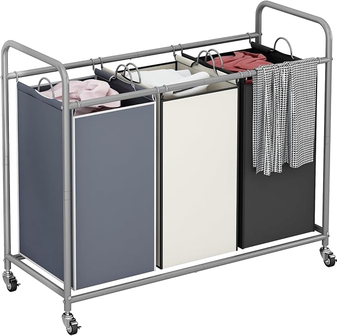LINZINAR 3 Bags Laundry Hamper Assorted Laundry Basket 135L Laundry Sorter | Laundry Room Organization with Heavy Duty Rolling Lockable Wheels and Removable Bag, Bedroom Laundry Cart for Clothes Storage