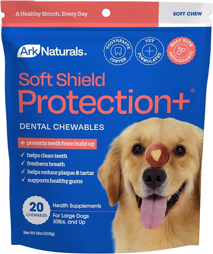 Ark Naturals Soft Shield Protection+ Brushless Toothpaste, Large Breed 20ct | Vet Formulated Soft-Baked Dog Dental Chew with Toothpaste Center - Freshens Breath and Prevents Plaque & Tartar