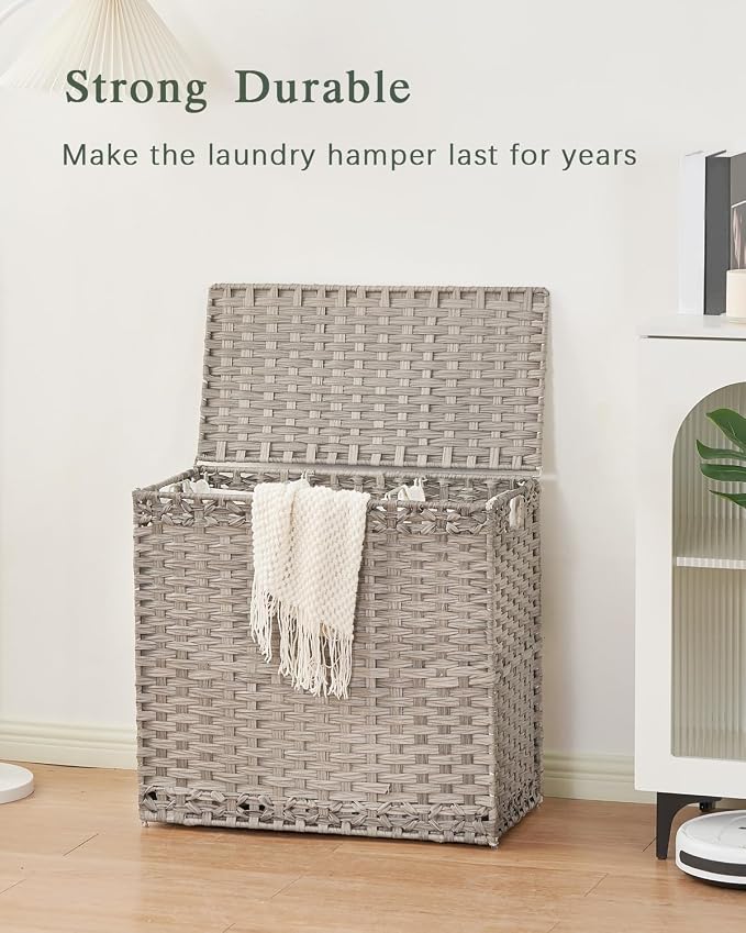 SETVSON Laundry Hamper with Lid Laundry Basket 132 L PE Rattan, Gray | 35 Gal PE Rattan Hamper with Lid, 4 Removable Washable Liners, 6 Mesh Laundry Bags, Steel Frame, Side Handles